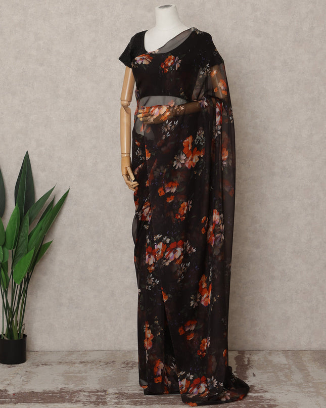 Black Premium Pure Silk Chiffon Floral Printed Saree, 5.5 Mtrs Length, 110 Cms Width, Made in India-D24225