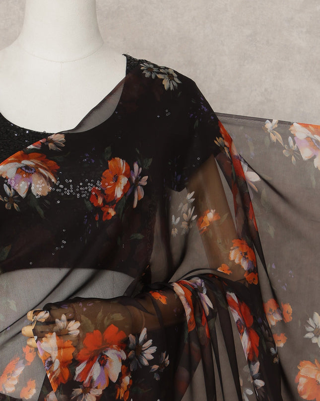 Black Premium Pure Silk Chiffon Floral Printed Saree, 5.5 Mtrs Length, 110 Cms Width, Made in India-D24225