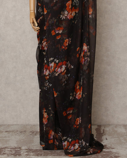 Black Premium Pure Silk Chiffon Floral Printed Saree, 5.5 Mtrs Length, 110 Cms Width, Made in India-D24225