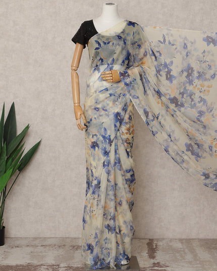 Ivory Premium Pure Silk Chiffon Floral Printed Saree, 5.5 Mtrs Length, 110 Cms Width, Made in India-D24226