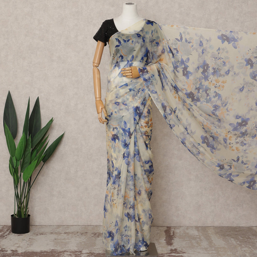 Ivory Premium Pure Silk Chiffon Floral Printed Saree, 5.5 Mtrs Length, 110 Cms Width, Made in India-D24226