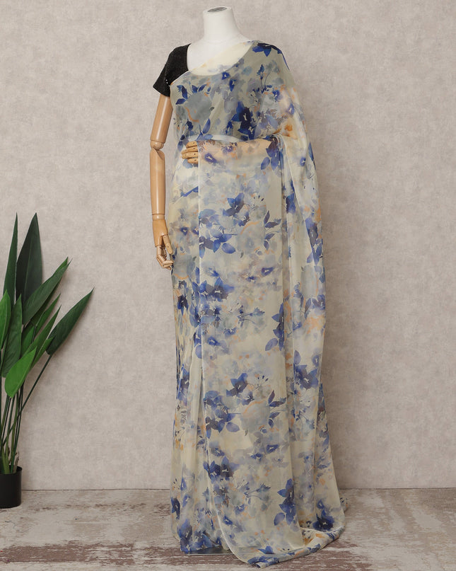 Ivory Premium Pure Silk Chiffon Floral Printed Saree, 5.5 Mtrs Length, 110 Cms Width, Made in India-D24226