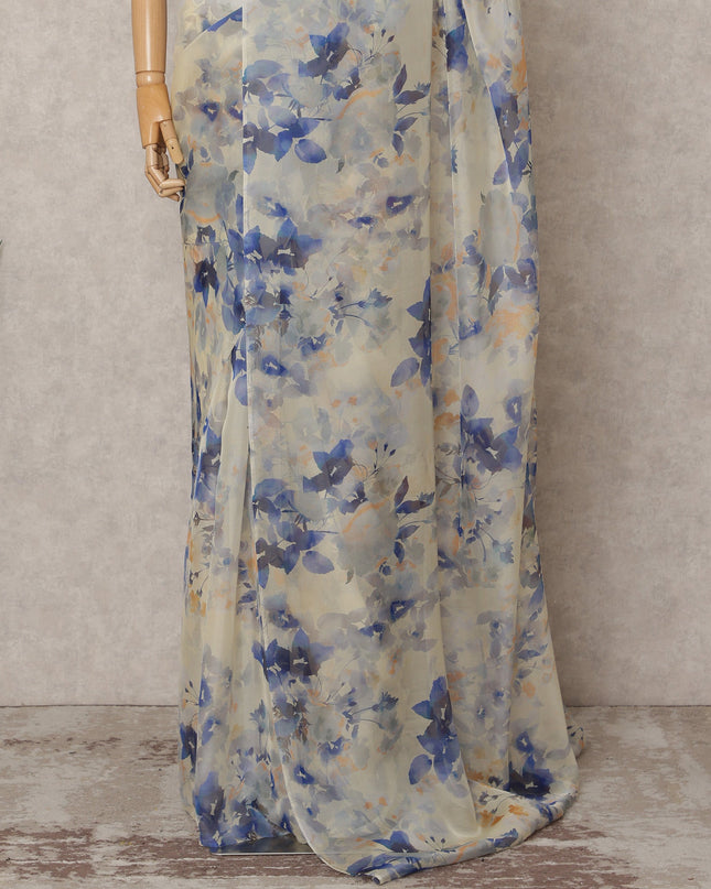 Ivory Premium Pure Silk Chiffon Floral Printed Saree, 5.5 Mtrs Length, 110 Cms Width, Made in India-D24226