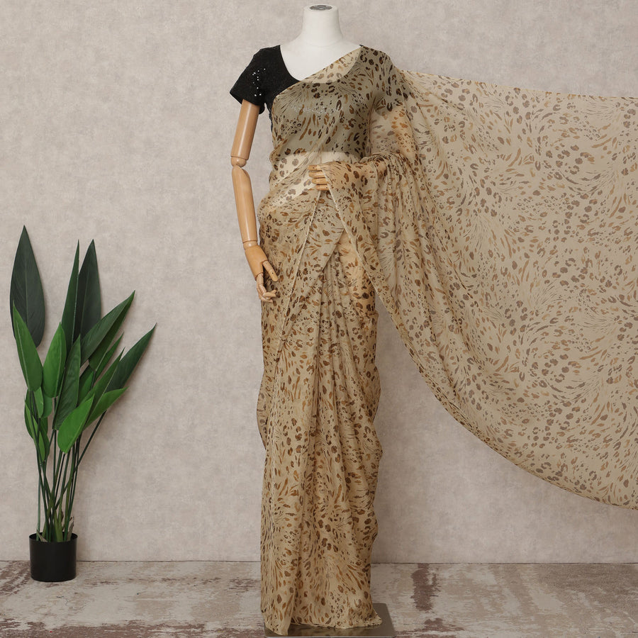 Beige Premium Pure Silk Chiffon Abstract Printed Saree, 5.5 Mtrs Length, 110 Cms Width, Made in India-D24227