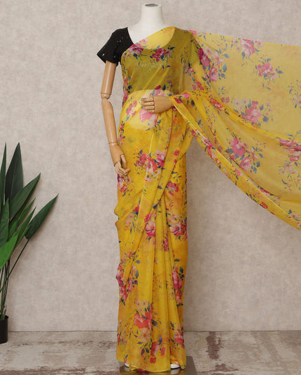 Yellow Premium Pure Silk Chiffon Floral Printed Saree, 5.5 Mtrs Length, 110 Cms Width, Made in India-D24228