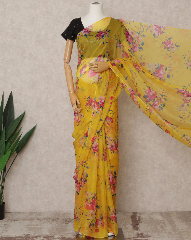 Yellow Premium Pure Silk Chiffon Floral Printed Saree, 5.5 Mtrs Length, 110 Cms Width, Made in India-D24228