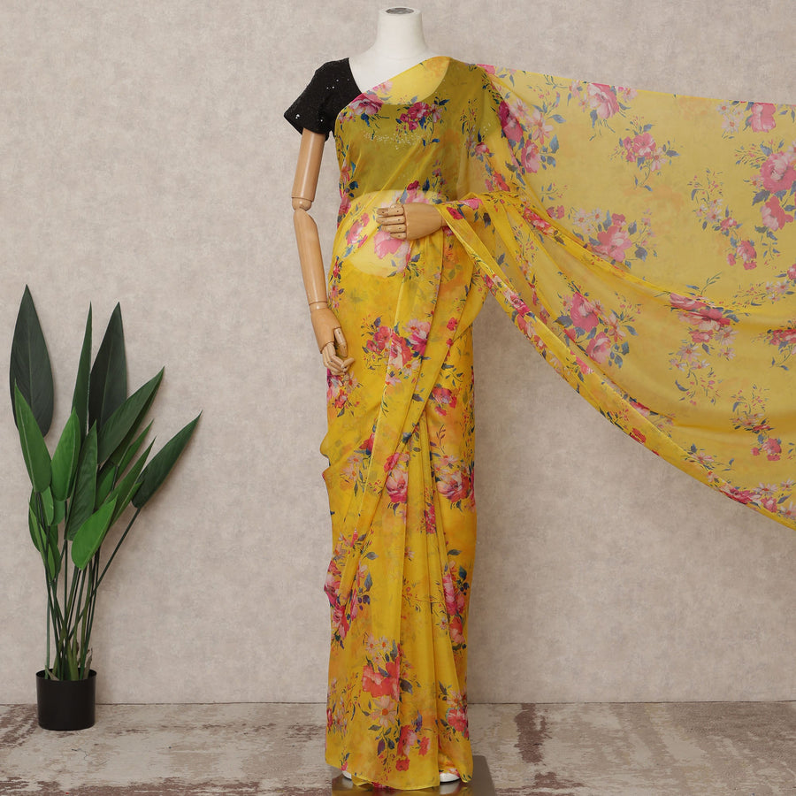 Yellow Premium Pure Silk Chiffon Floral Printed Saree, 5.5 Mtrs Length, 110 Cms Width, Made in India-D24228