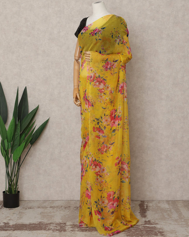 Yellow Premium Pure Silk Chiffon Floral Printed Saree, 5.5 Mtrs Length, 110 Cms Width, Made in India-D24228