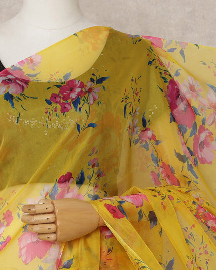 Yellow Premium Pure Silk Chiffon Floral Printed Saree, 5.5 Mtrs Length, 110 Cms Width, Made in India-D24228