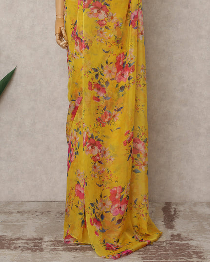 Yellow Premium Pure Silk Chiffon Floral Printed Saree, 5.5 Mtrs Length, 110 Cms Width, Made in India-D24228