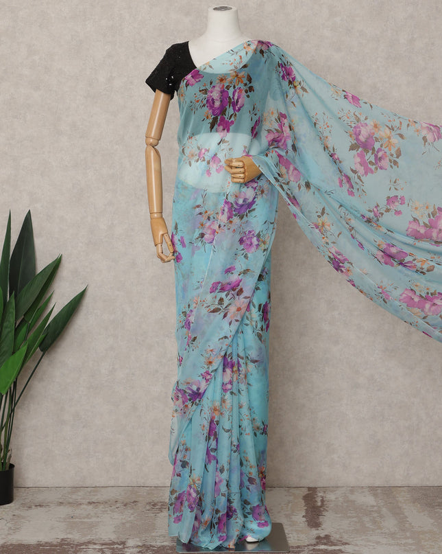 Sky Blue Premium Pure Silk Chiffon Floral Printed Saree, 5.5 Mtrs Length, 110 Cms Width, Made in India-D24229
