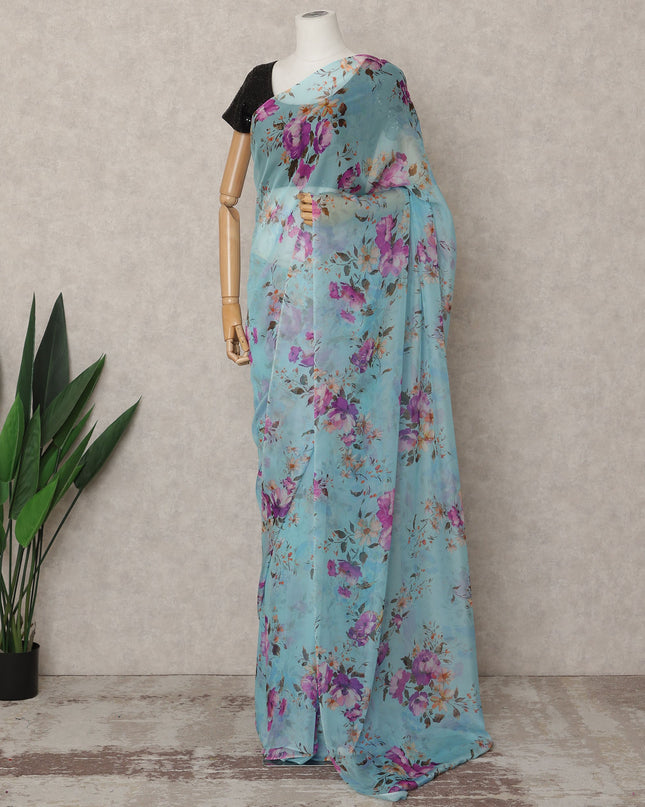 Sky Blue Premium Pure Silk Chiffon Floral Printed Saree, 5.5 Mtrs Length, 110 Cms Width, Made in India-D24229