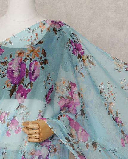 Sky Blue Premium Pure Silk Chiffon Floral Printed Saree, 5.5 Mtrs Length, 110 Cms Width, Made in India-D24229