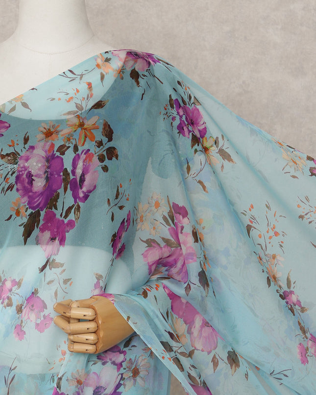 Sky Blue Premium Pure Silk Chiffon Floral Printed Saree, 5.5 Mtrs Length, 110 Cms Width, Made in India-D24229