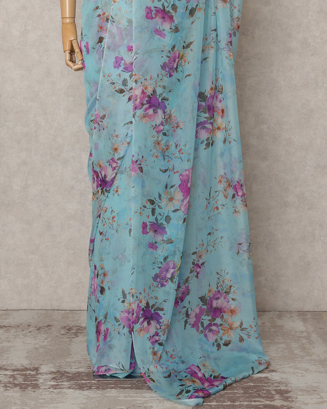 Sky Blue Premium Pure Silk Chiffon Floral Printed Saree, 5.5 Mtrs Length, 110 Cms Width, Made in India-D24229