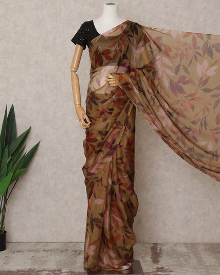 Olive Brown Premium Pure Silk Chiffon Leaf Printed Saree, 5.5 Mtrs Length, 110 Cms Width, Made in India-D24230