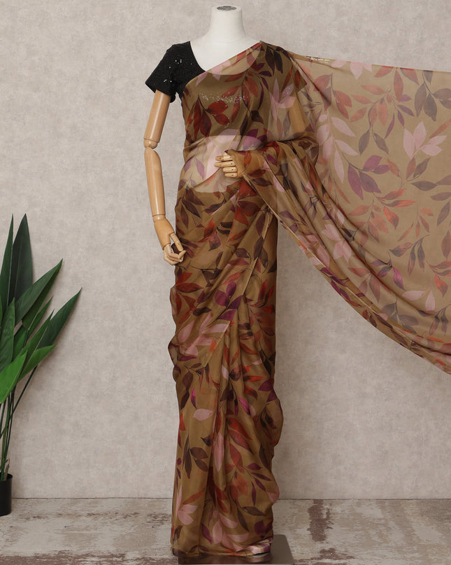 Olive Brown Premium Pure Silk Chiffon Leaf Printed Saree, 5.5 Mtrs Length, 110 Cms Width, Made in India-D24230