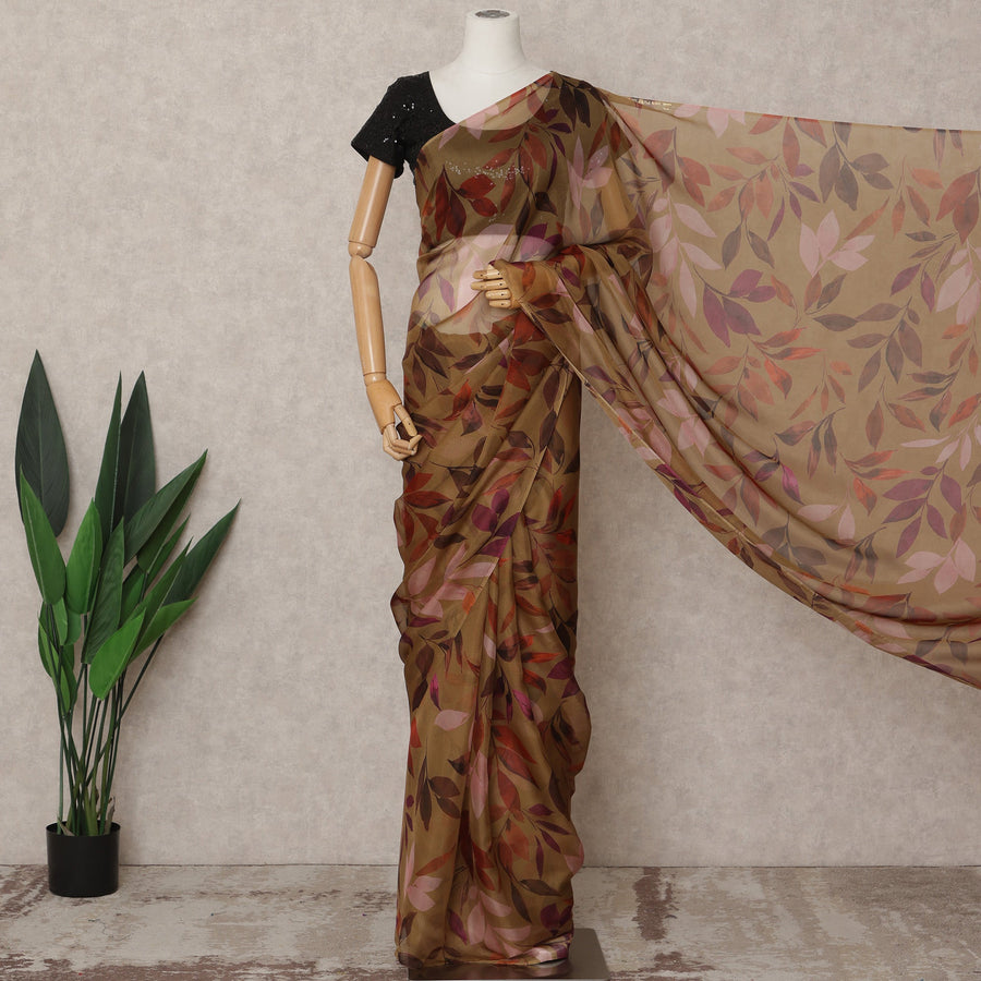 Olive Brown Premium Pure Silk Chiffon Leaf Printed Saree, 5.5 Mtrs Length, 110 Cms Width, Made in India-D24230