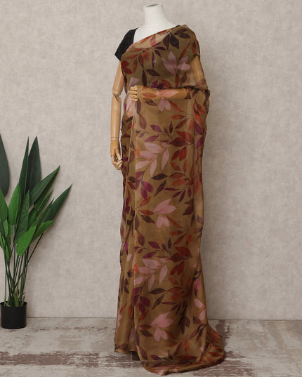 Olive Brown Premium Pure Silk Chiffon Leaf Printed Saree, 5.5 Mtrs Length, 110 Cms Width, Made in India-D24230