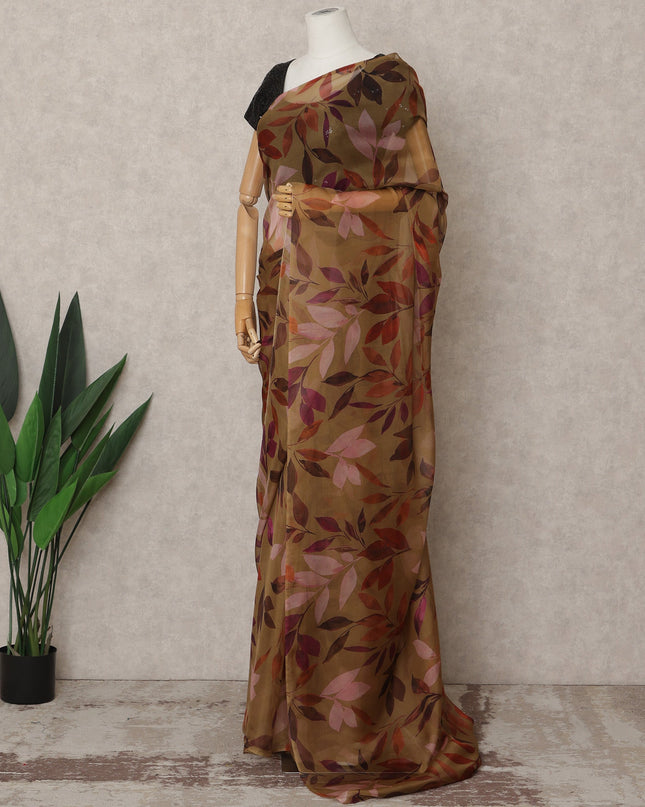 Olive Brown Premium Pure Silk Chiffon Leaf Printed Saree, 5.5 Mtrs Length, 110 Cms Width, Made in India-D24230