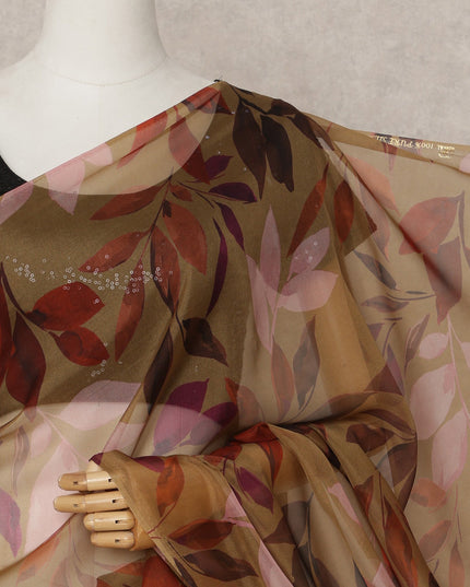 Olive Brown Premium Pure Silk Chiffon Leaf Printed Saree, 5.5 Mtrs Length, 110 Cms Width, Made in India-D24230