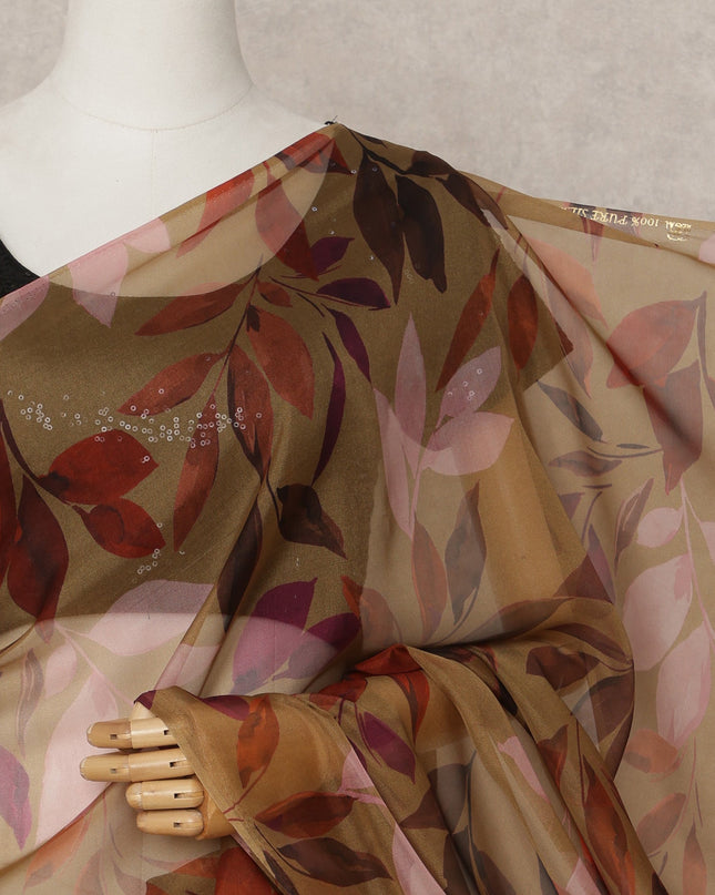 Olive Brown Premium Pure Silk Chiffon Leaf Printed Saree, 5.5 Mtrs Length, 110 Cms Width, Made in India-D24230