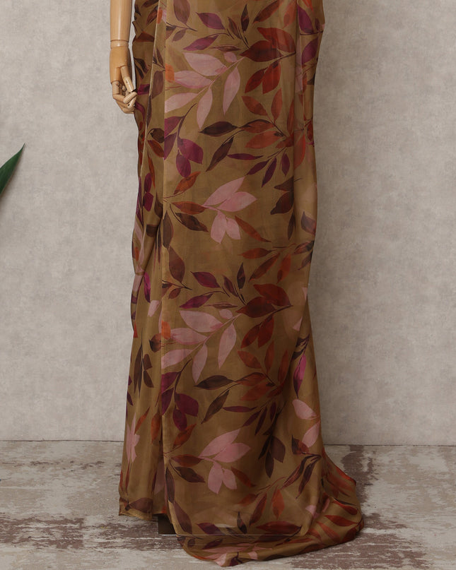 Olive Brown Premium Pure Silk Chiffon Leaf Printed Saree, 5.5 Mtrs Length, 110 Cms Width, Made in India-D24230