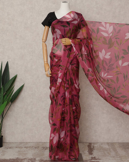 Wine Pink Premium Pure Silk Chiffon Leaf Printed Saree, 5.5 Mtrs Length, 110 Cms Width, Made in India-D24231
