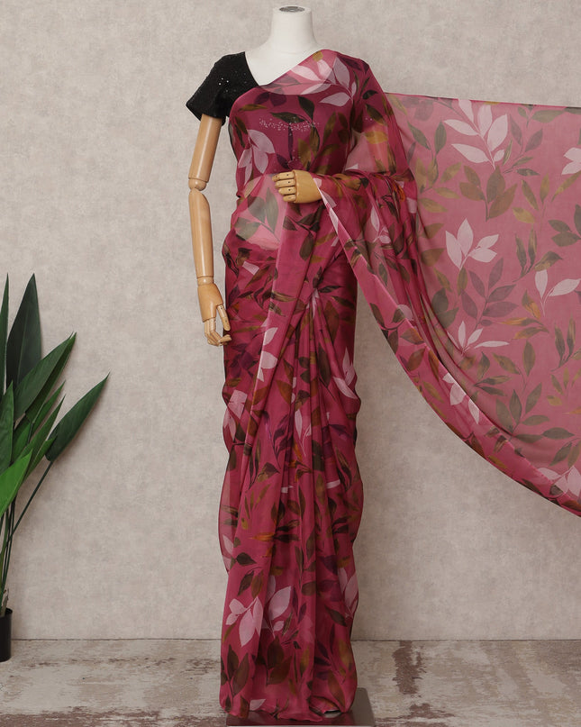 Wine Pink Premium Pure Silk Chiffon Leaf Printed Saree, 5.5 Mtrs Length, 110 Cms Width, Made in India-D24231