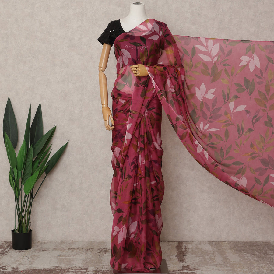 Wine Pink Premium Pure Silk Chiffon Leaf Printed Saree, 5.5 Mtrs Length, 110 Cms Width, Made in India-D24231