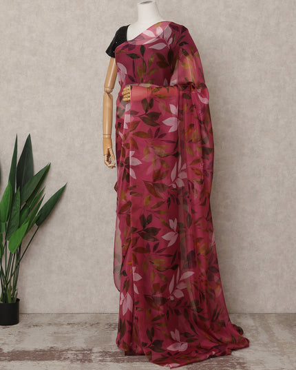 Wine Pink Premium Pure Silk Chiffon Leaf Printed Saree, 5.5 Mtrs Length, 110 Cms Width, Made in India-D24231