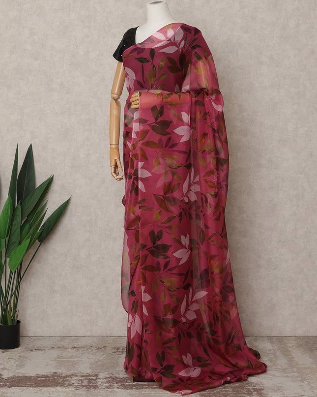Wine Pink Premium Pure Silk Chiffon Leaf Printed Saree, 5.5 Mtrs Length, 110 Cms Width, Made in India-D24231