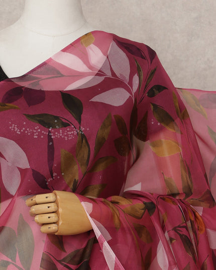 Wine Pink Premium Pure Silk Chiffon Leaf Printed Saree, 5.5 Mtrs Length, 110 Cms Width, Made in India-D24231