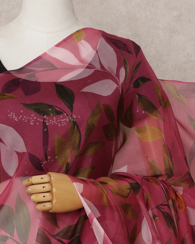 Wine Pink Premium Pure Silk Chiffon Leaf Printed Saree, 5.5 Mtrs Length, 110 Cms Width, Made in India-D24231