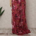 Wine Pink Premium Pure Silk Chiffon Leaf Printed Saree, 5.5 Mtrs Length, 110 Cms Width, Made in India-D24231
