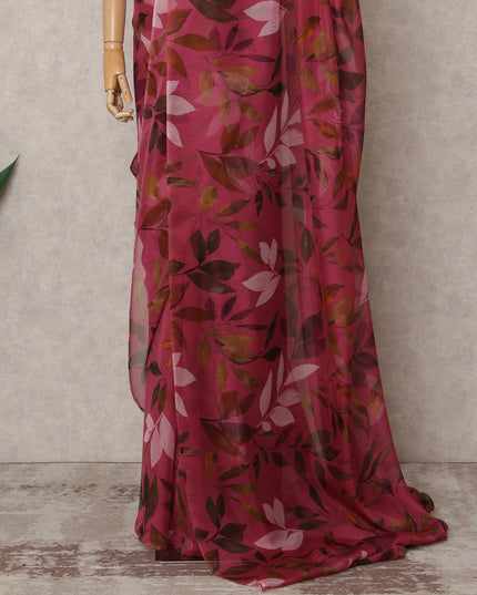 Wine Pink Premium Pure Silk Chiffon Leaf Printed Saree, 5.5 Mtrs Length, 110 Cms Width, Made in India-D24231