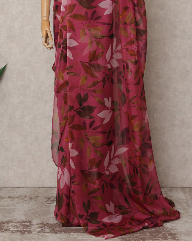 Wine Pink Premium Pure Silk Chiffon Leaf Printed Saree, 5.5 Mtrs Length, 110 Cms Width, Made in India-D24231