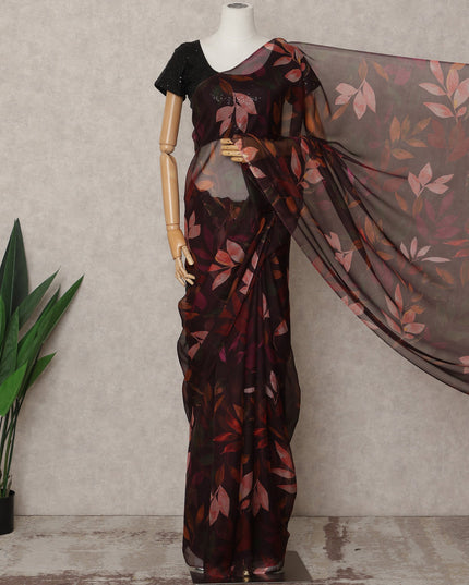 Dark Maroon Premium Pure Silk Chiffon Leaf Printed Saree, 5.5 Mtrs Length, 110 Cms Width, Made in India-D24232