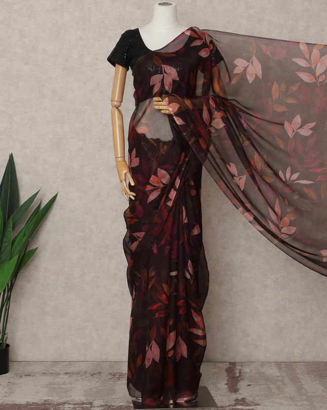 Dark Maroon Premium Pure Silk Chiffon Leaf Printed Saree, 5.5 Mtrs Length, 110 Cms Width, Made in India-D24232