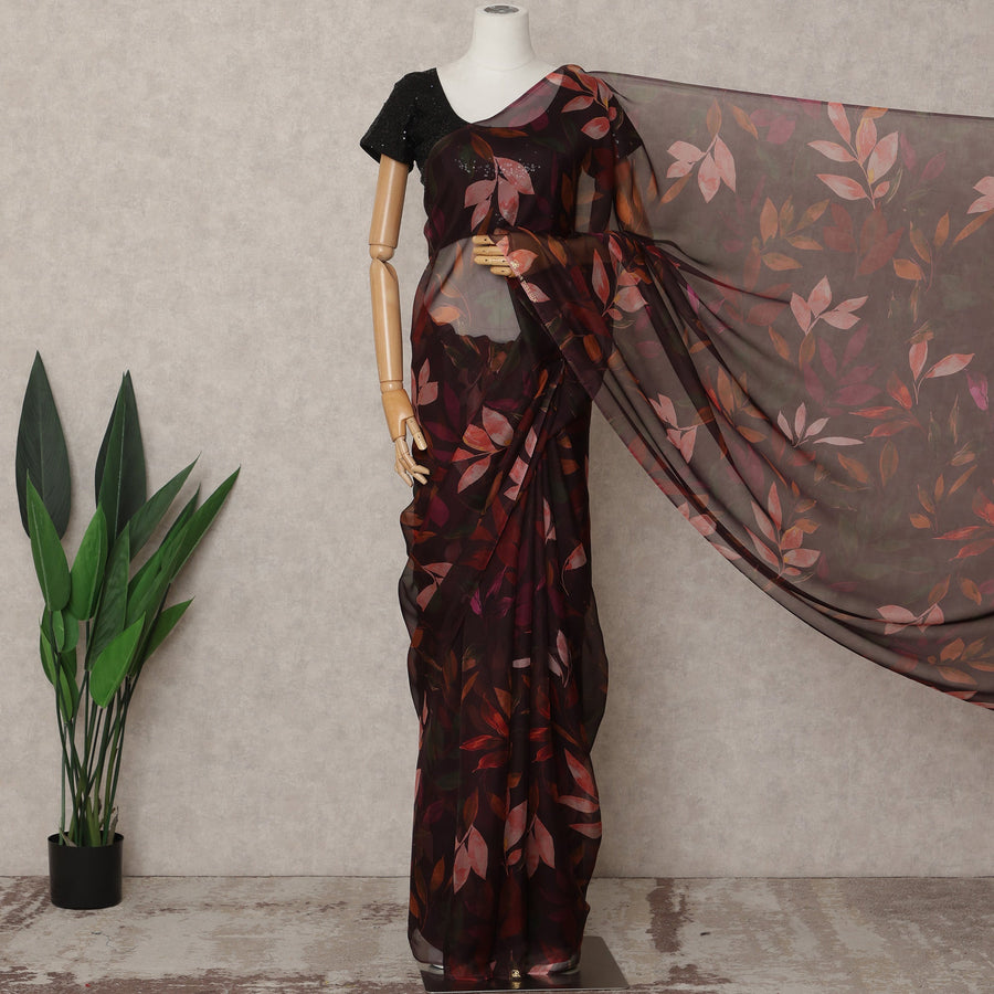 Dark Maroon Premium Pure Silk Chiffon Leaf Printed Saree, 5.5 Mtrs Length, 110 Cms Width, Made in India-D24232