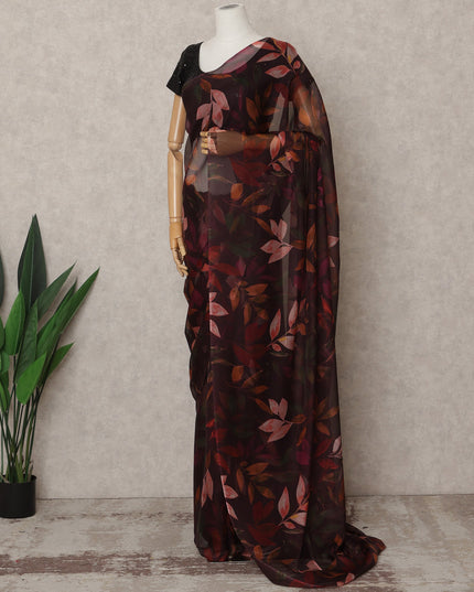 Dark Maroon Premium Pure Silk Chiffon Leaf Printed Saree, 5.5 Mtrs Length, 110 Cms Width, Made in India-D24232