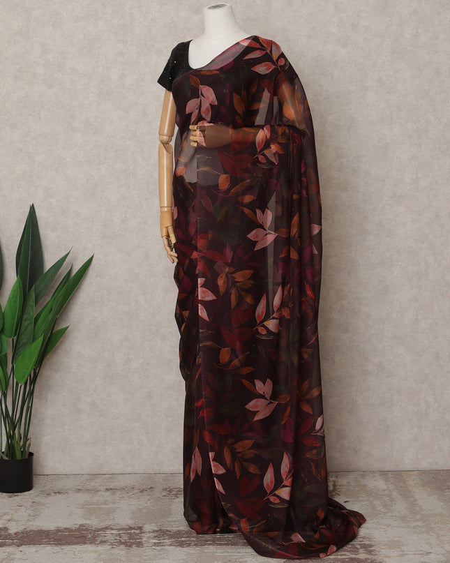 Dark Maroon Premium Pure Silk Chiffon Leaf Printed Saree, 5.5 Mtrs Length, 110 Cms Width, Made in India-D24232