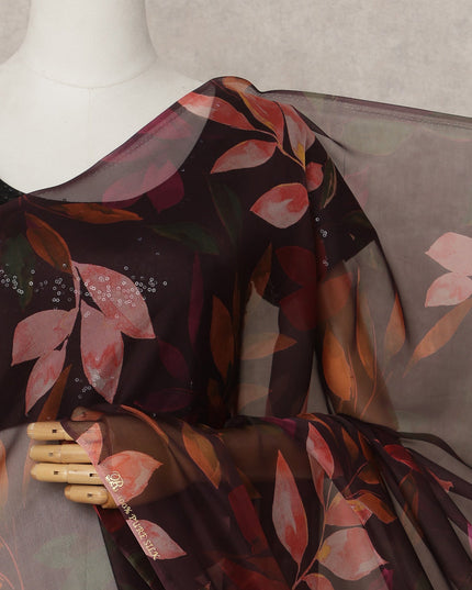 Dark Maroon Premium Pure Silk Chiffon Leaf Printed Saree, 5.5 Mtrs Length, 110 Cms Width, Made in India-D24232