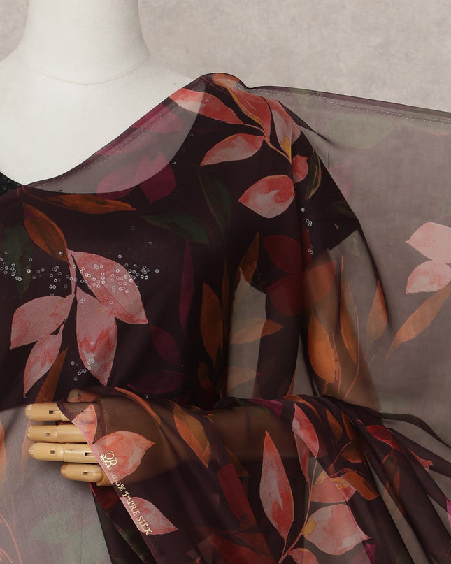 Dark Maroon Premium Pure Silk Chiffon Leaf Printed Saree, 5.5 Mtrs Length, 110 Cms Width, Made in India-D24232