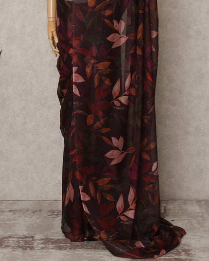 Dark Maroon Premium Pure Silk Chiffon Leaf Printed Saree, 5.5 Mtrs Length, 110 Cms Width, Made in India-D24232