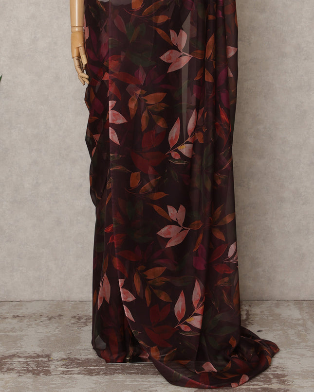 Dark Maroon Premium Pure Silk Chiffon Leaf Printed Saree, 5.5 Mtrs Length, 110 Cms Width, Made in India-D24232