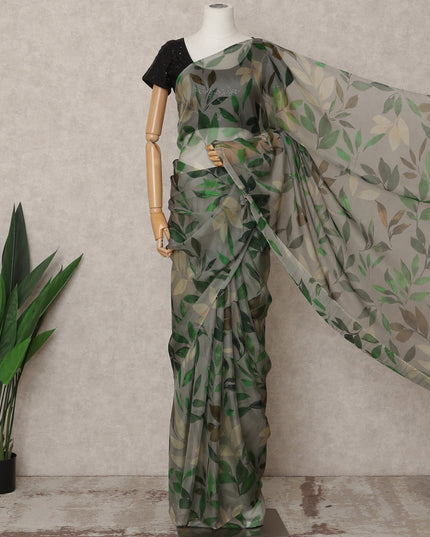 Light Green Premium Pure Silk Chiffon Leaf Printed Saree, 5.5 Mtrs Length, 110 Cms Width, Made in India-D24233