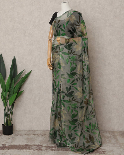 Light Green Premium Pure Silk Chiffon Leaf Printed Saree, 5.5 Mtrs Length, 110 Cms Width, Made in India-D24233