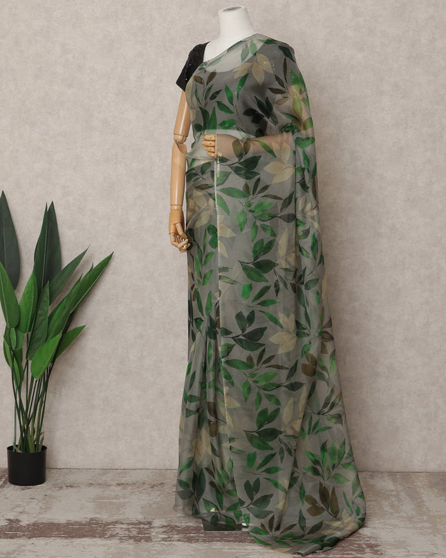 Light Green Premium Pure Silk Chiffon Leaf Printed Saree, 5.5 Mtrs Length, 110 Cms Width, Made in India-D24233