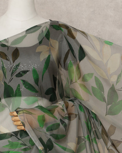 Light Green Premium Pure Silk Chiffon Leaf Printed Saree, 5.5 Mtrs Length, 110 Cms Width, Made in India-D24233